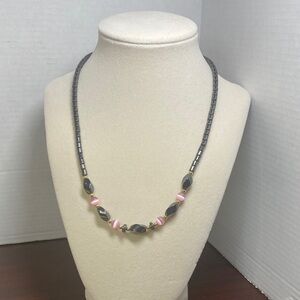 Gray Hematite Stone Bead and Pink Glass Cats Eye Necklace